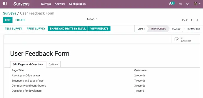 Створення опитування в Odoo — форма зворотного зв’язку та налаштування питань
